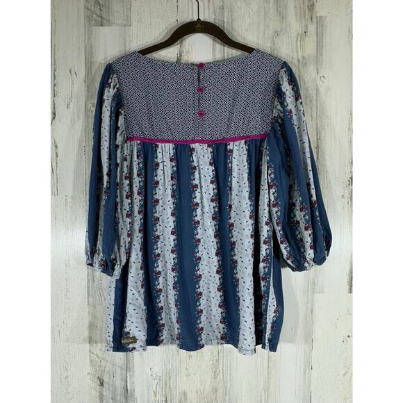Matilda Jane Top Size Small Blue Multi Ditzy Floral Keyhole Neck 3/4 Sleeve Boho - Picture 3 of 8